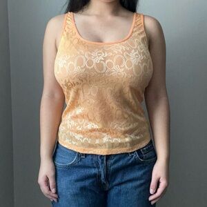 Vintage Peach Mesh Floral Lace See Through Lingerie Top